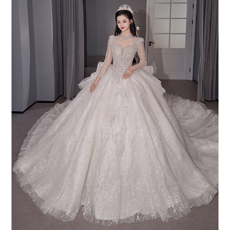 Long-Sleeved Wedding Dress 2026 New Style Bridal Gown with Stand Collar, High-End Texture, Stunning French Style, Simple, Lightweight, Floor-Length Long-Sleeved Wedding Dress 2026 New Style Bridal Gown with Stand Collar, High-End Texture, Stunning French Style, Simple, Lightweight, Floor-Length