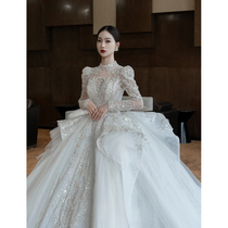Long sleeve wedding dress 2024 new bridal main yarn light extravagant high-end heavy labor trailing advanced texture style female baby