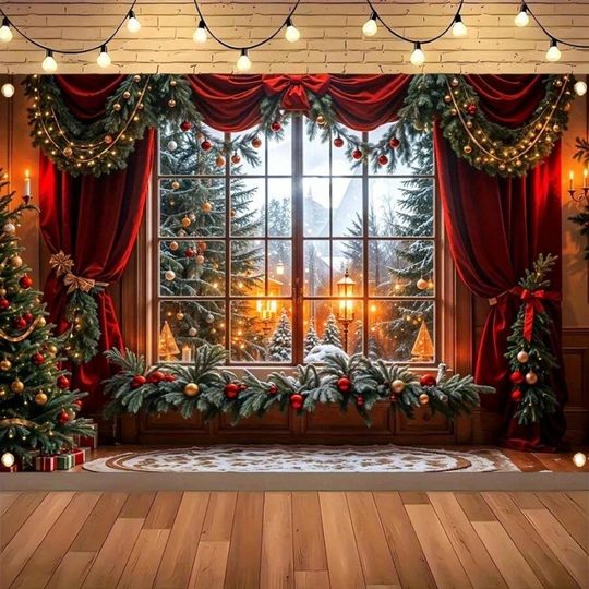 Christmas tree red curtain atmosphere background cloth hanging cloth