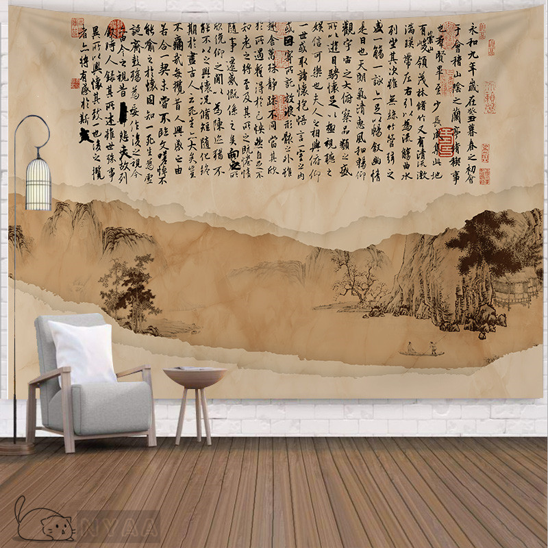 Retro Lanting order calligraphy background cloth Song Huizong Rheu hanging cloth heart warp with wall decoration Chinese tapestry table cloth-Taobao