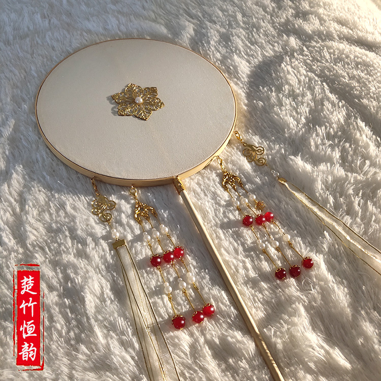 Double-sided long handle ancient style finished group fan tassel fan Hanfu female Chinese style dance fan red bronzing classical palace fan