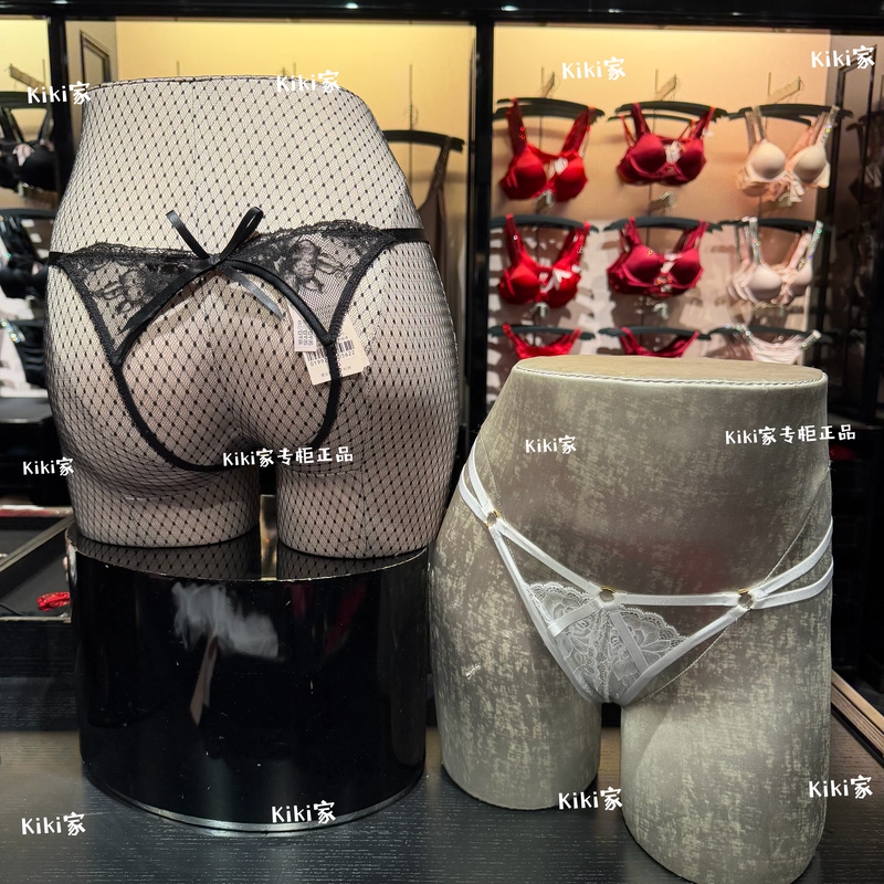 New Victoria's Secret Sexy Bowknot Retro Lace-Up Hollow-Out Butt-Exposing Women's Crotchless Panties Thong