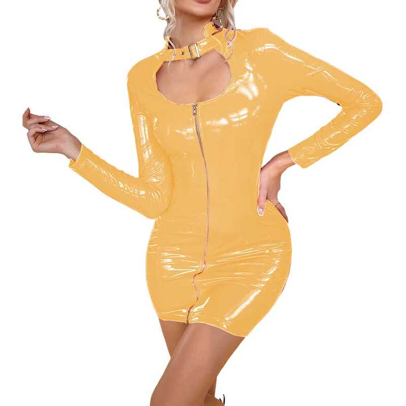 Sexy Women's High-Waisted Bodycon Skirt, Smooth Pvc Long-Sleeve Hollow-Out Zipper Slim-Fit Mini Skirt for Bar Party Wear