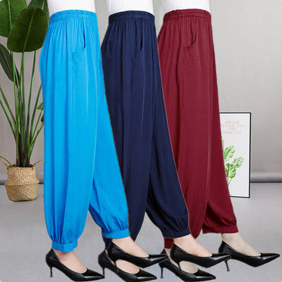 Middle-aged and elderly women's spring and summer wide-leg lantern pants, cotton silk high-waisted large-sized casual long pants, ethnic style square dance pants trend