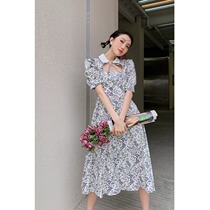 French retro gentle bubble sleeve skirt design sense hollow waist Super fairy sweet floral dress women