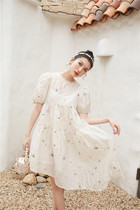 Loose retro bubble sleeve dress with round neck lace-up irregular long skirt with two-piece suspenders