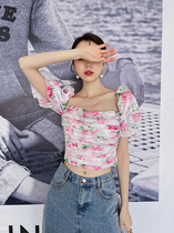 Square collar floral top female design sense niche shirt 2021 summer short sleeve Korean temperament doll shirt little man
