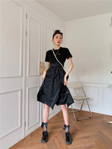 Summer small man dress 2021 black fake two denim stitching irregular high waist slim A- line dress