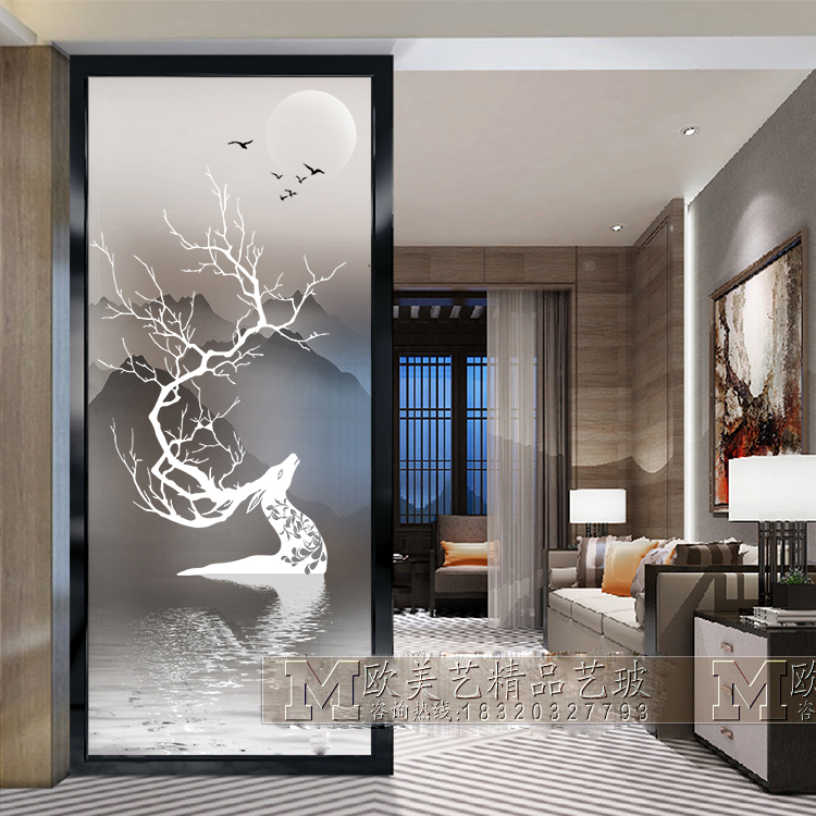 Art glass partition living room mobile screen Dry and wet area Entry lucky deer background wall double-sided translucent entrance cabinet