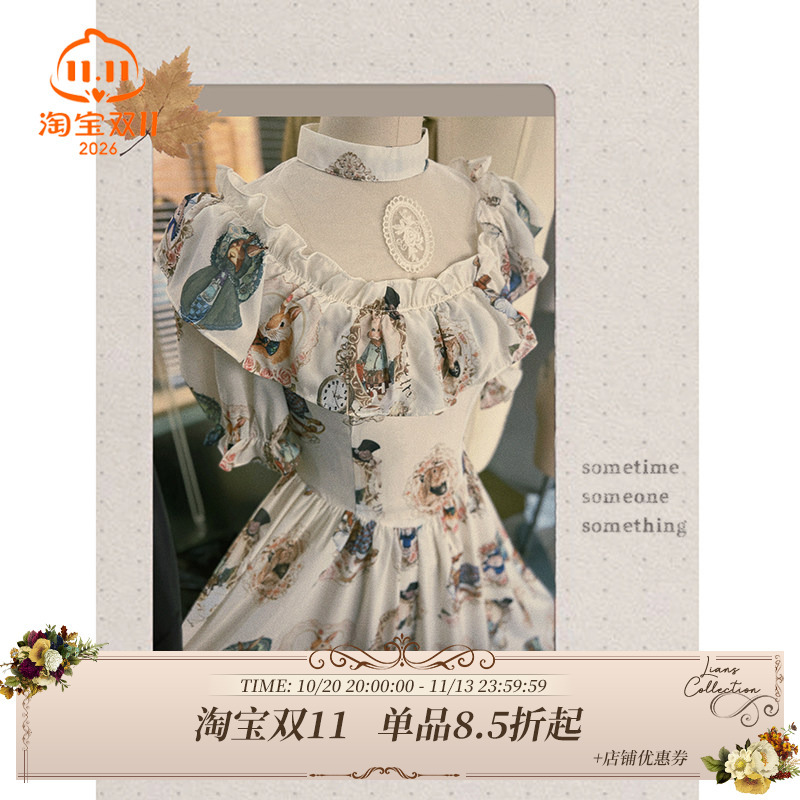 Nianji Vintage Peter Rabbit Retro Victorian Style Girl's Rabbit Print Princess Dress Summer Nianji Vintage Peter Rabbit Retro Victorian Style Girl's Rabbit Print Princess Dress Summer