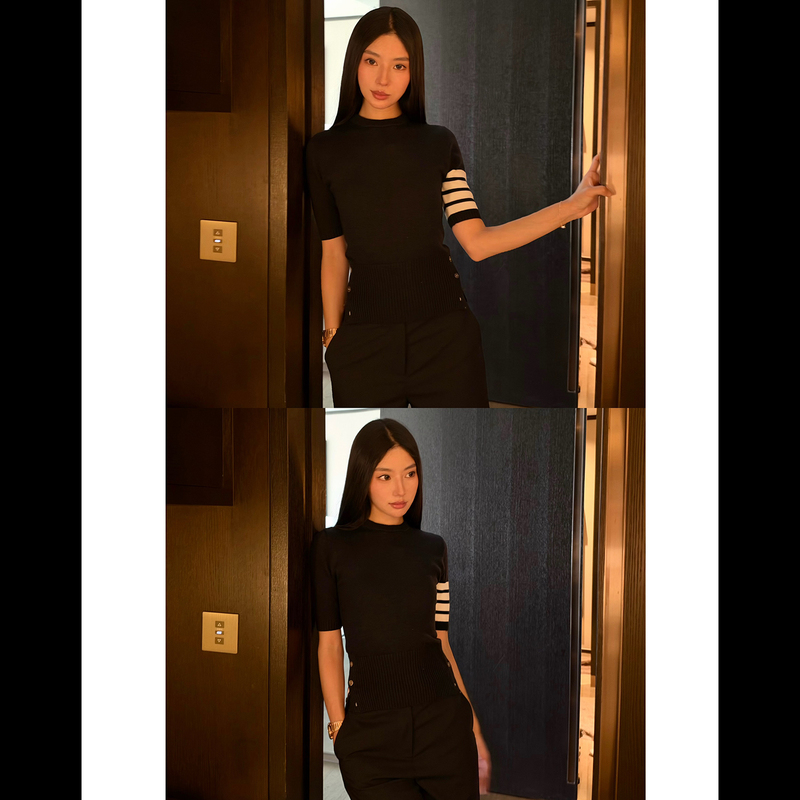Beautiful Girl Rosie Tb Style Four-Stripe Preppy Slim Fit Zebra Embroidery Knit Short-Sleeve Wool Sweater