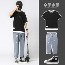 (Set) Muzi little brother mens hole denim pants men Korean version of ins trend loose straight ankle-length pants