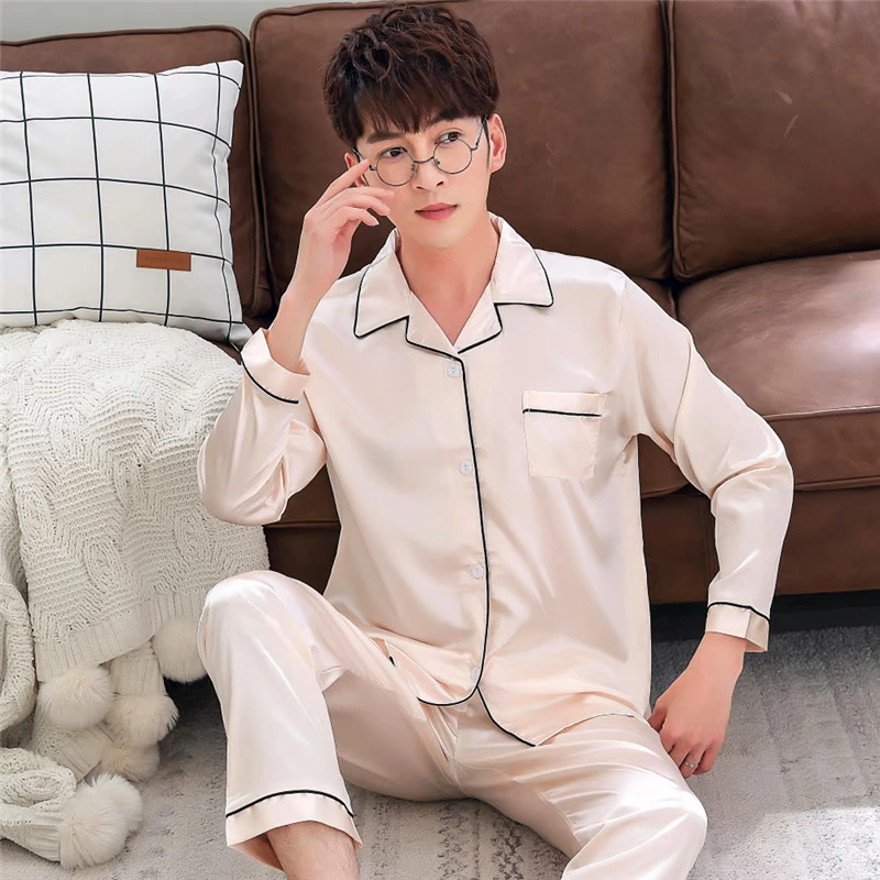 Mùa xuân và mùa thu dài tay đồ ngủ nam mùa hè mỏng băng lụa đồ ngủ đôi nam lụa dịch vụ nhà kích thước lớn phù hợp với giản dị