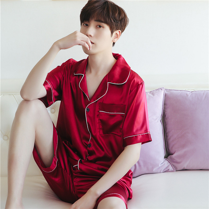 Lụa đồ ngủ nam mùa hè ngắn tay phần mỏng băng lụa thanh thiếu niên junior học sinh trung học 12-18 tuổi lớn trẻ em của dịch vụ nhà áo ngủ nam
