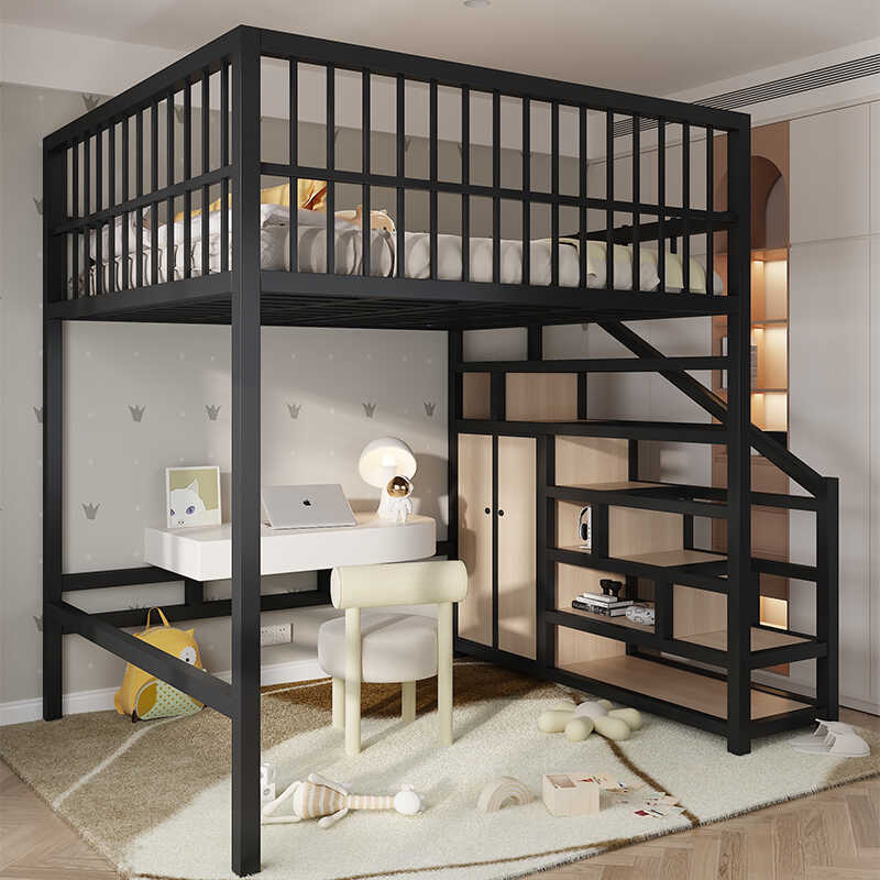 Wrought Iron Loft Bed Saves Space, Duplex Upper Bed with Open Lower Space, Loft Apartment, Small Apartment, High and Low Double Bed, Thickened Wrought Iron Loft Bed Saves Space, Duplex Upper Bed with Open Lower Space, Loft Apartment, Small Apartment, High and Low Double Bed, Thickened