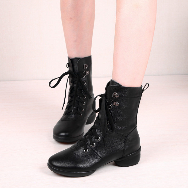 Spring Summer Autumn Winter Style Genuine Leather Dance Shoes Soft Bottom Dancing Shoes Female Style Adult Water Soldiers Dance Shoes Breathable Square Dance Boots
