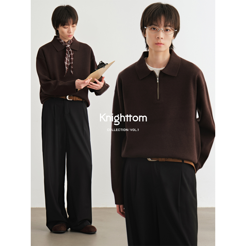 Knighttom【Casual Polo】Autumn and Winter Coffee-Colored Lapel Zipper Knit Sweater 681A Knighttom【Casual Polo】Autumn and Winter Coffee-Colored Lapel Zipper Knit Sweater 681A