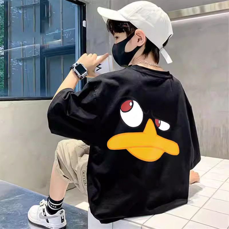 Хлопковая футболка для мальчиков, лето 2026, новая большая детская футболка с мультяшным принтом для мальчиков в корейском стиле, дышащая футболка с короткими рукавами для мальчиков