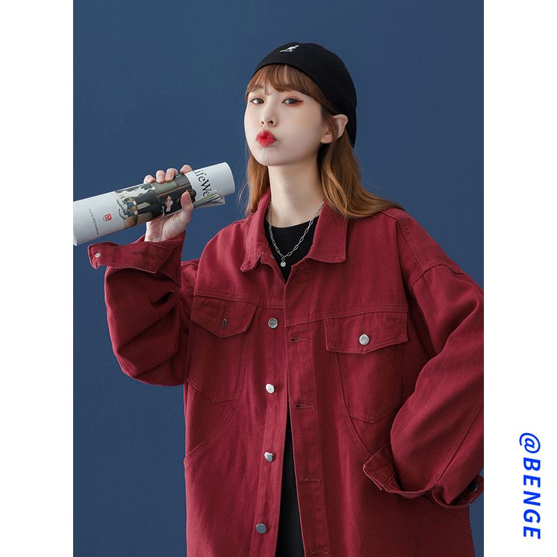 Burgundy Denim Jacket for Women, Spring and Autumn 2025 New Style, Thin Shirt, Loose Fit, Plus Size, Jacket with Regular Shoulders