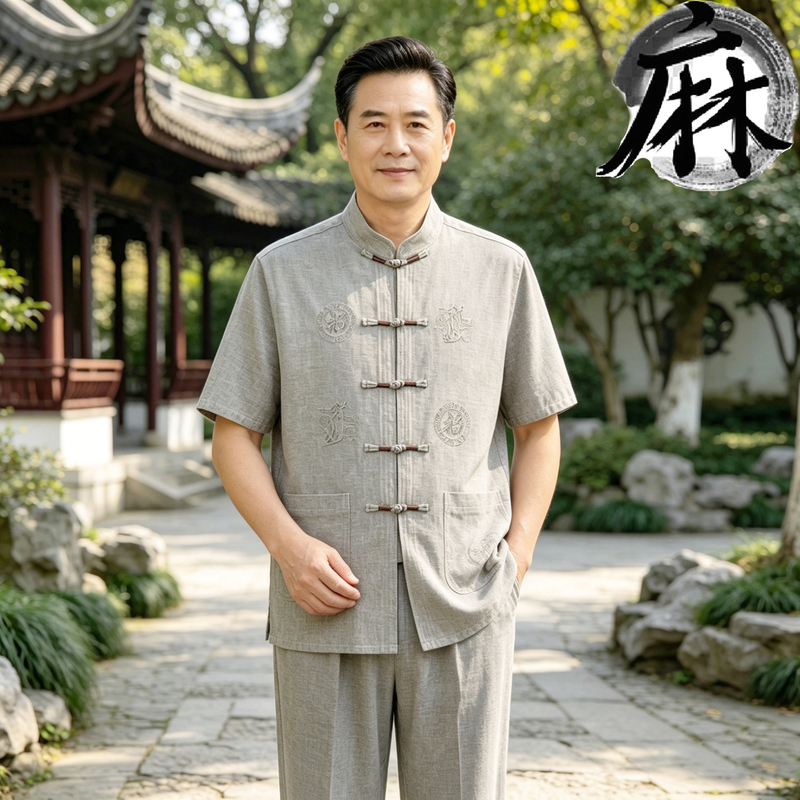 Vintage Linen Tang Suit Short-Sleeve Set for Men with Traditional Chinese Buttons, New Chinese-Style Shirt for Middle-Aged and Elderly Fathers and Grandfathers, Linen Clothing and Pants Vintage Linen Tang Suit Short-Sleeve Set for Men with Traditional Chinese Buttons, New Chinese-Style Shirt for Middle-Aged and Elderly Fathers and Grandfathers, Linen Clothing and Pants
