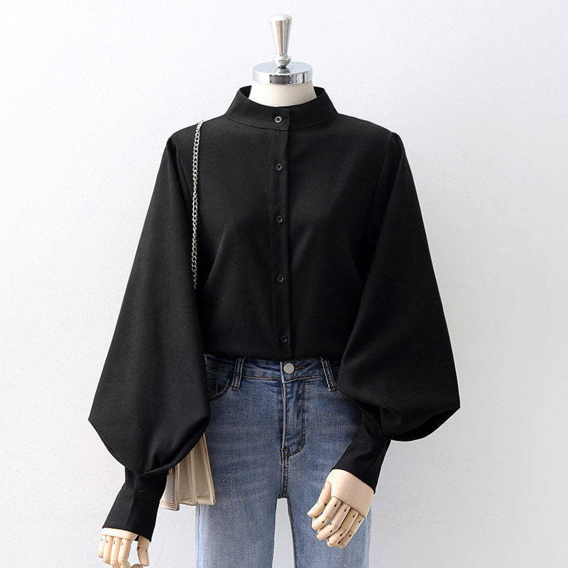 Lantern sleeve upright collar black shirt woman long sleeve Korean version loose with slim design feeling small and light cooked small shirt