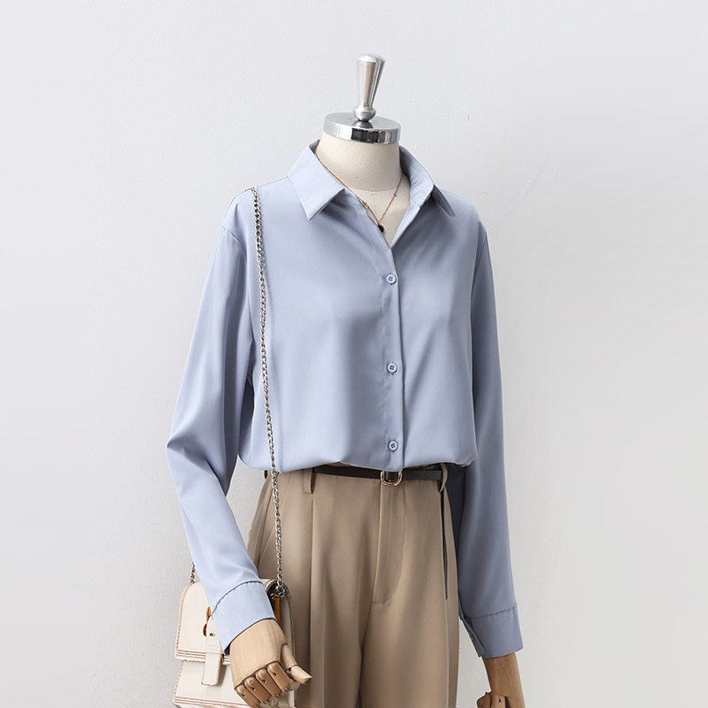 Blue Chiffon shirt women's spring new Korean version wild loose professional OL simple temperament lapel long-sleeved shirt