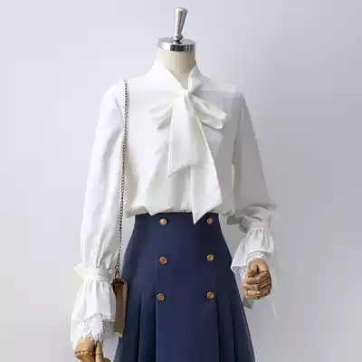 2021 Spring and Autumn New bow lace-up chiffon white shirt women long sleeve temperament lace stitching flared sleeve top