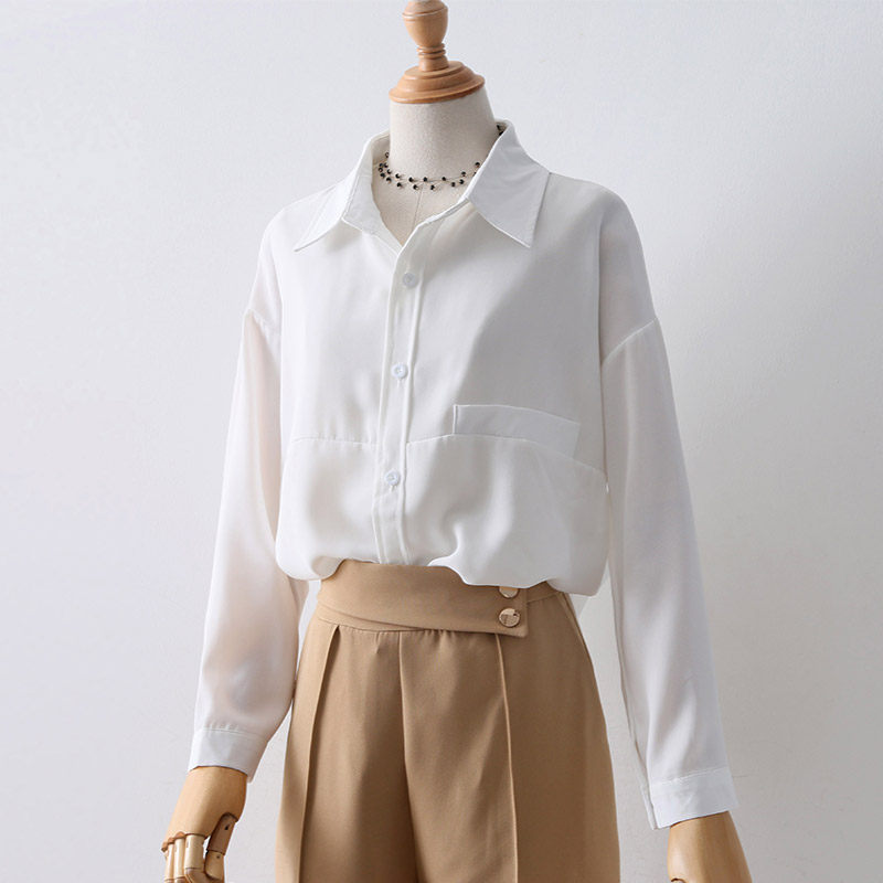 Top women's spring and autumn 2021 new white chiffon shirt women's long-sleeved Korean version loose thin temperament shirt