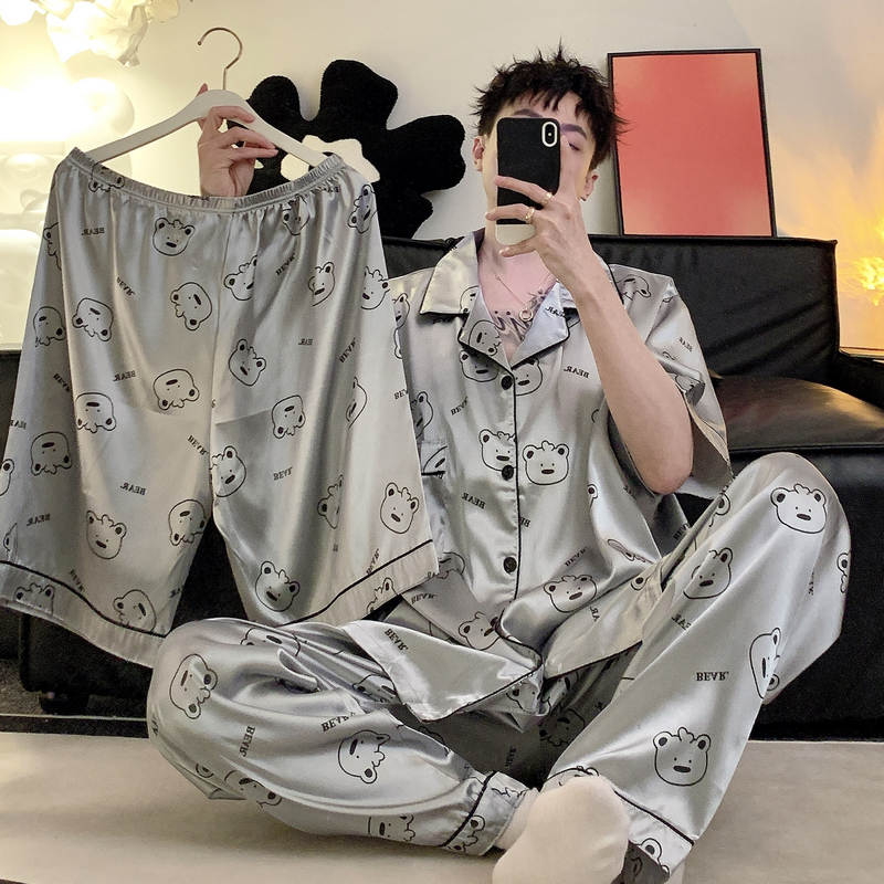 Men's Pajamas Summer Ice Silk Short-Sleeved Three-Piece Set Plus Size 150kg Plus-Size High-End Loungewear Men's Pajamas Summer Ice Silk Short-Sleeved Three-Piece Set Plus Size 150kg Plus-Size High-End Loungewear