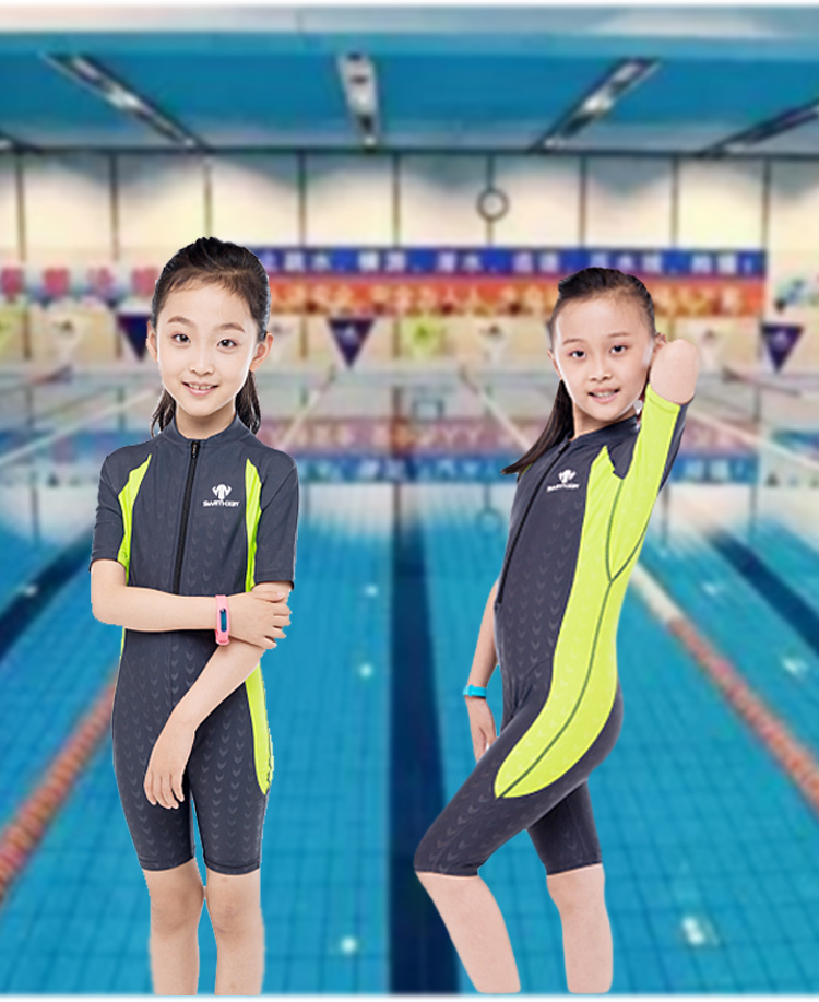 Authentic boy boy một mảnh áo tắm cô gái boxer ngắn tay nhanh khô da cá mập đào tạo trẻ em thi bơi - Bộ đồ bơi của Kid đồ bơi trẻ em