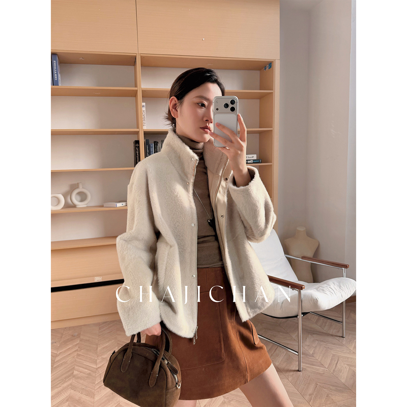"Little Snowflake" Minimalist Luxury Small-Sized Largon Simple Stand-Collar Old Money Style Shearling Lightweight Short Coat