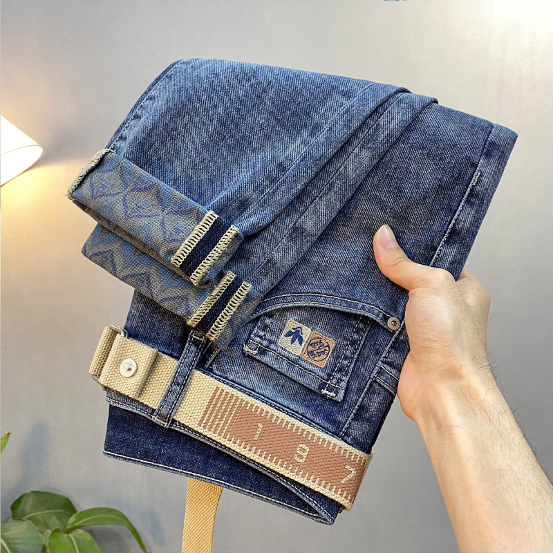 Spring and Summer High-End Men's Jeans 2026 Printed Trendy Stretch Embroidered Slim Straight-Leg Trousers