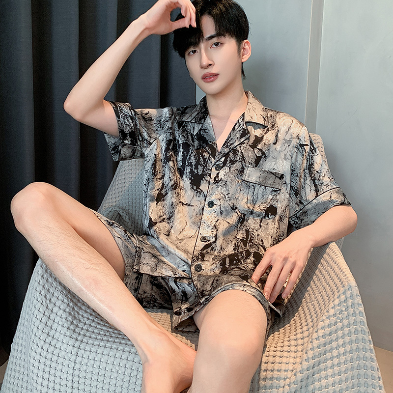 Ice Silk Pajamas for Men, Summer Short-Sleeved Shorts, New Satin High-End Casual Home Wear Set for All Seasons Ice Silk Pajamas for Men, Summer Short-Sleeved Shorts, New Satin High-End Casual Home Wear Set for All Seasons
