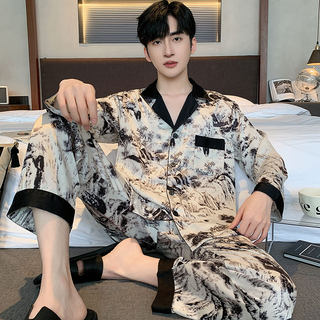 Ice Silk Pajamas for Men, Summer 2026 New Style, Satin Long-Sleeved, Imitation Silk, Suitable for All Seasons, Two-Piece Home Wear Set