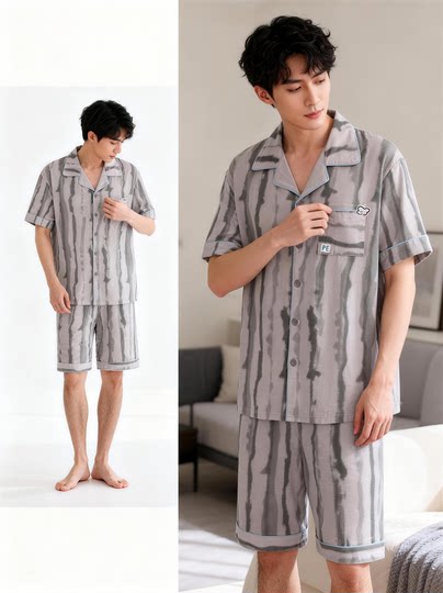 Pajamas for Men, Summer, Pure Cotton, Short-Sleeved Shorts, Thin, Cool Cardigan, Home Wear, Super Soft Suit for Boys