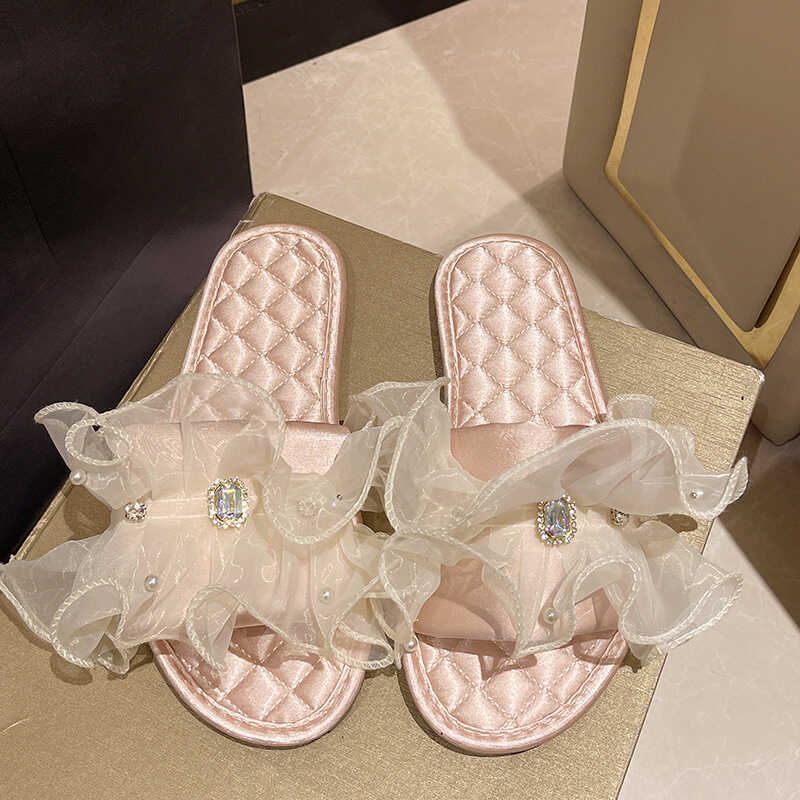 Sweet ins Style Mesh Bow Satin Bride Bridesmaid Slip-On Slippers for Home Use with Dressing Gown, Non-Slip Home Slippers