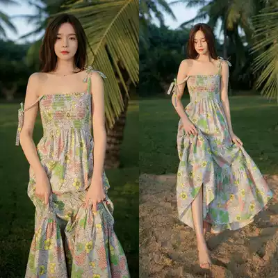 Minmin light luxury maje Shen Mengchen the same summer new seaside holiday floral dress women sexy suspenders skirt