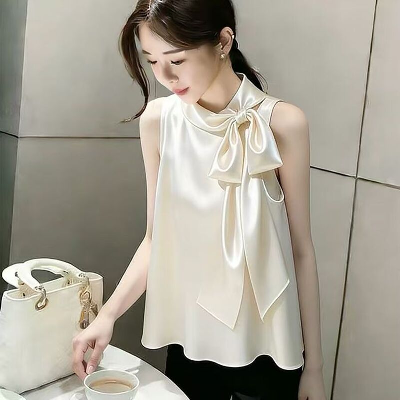French-Style Champagne White Satin Halter Top for Women, New Summer Loose Bowknot Shirt, Stylish and Youthful Thin Blouse French-Style Champagne White Satin Halter Top for Women, New Summer Loose Bowknot Shirt, Stylish and Youthful Thin Blouse
