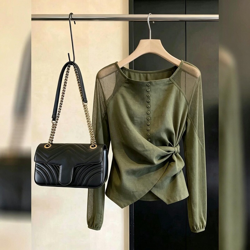 Plus-Size French Retro Green Patchwork Blouse for Women, Summer Tie-Up Style, Elegant and Versatile, Slimming and Super Stylish Shirt