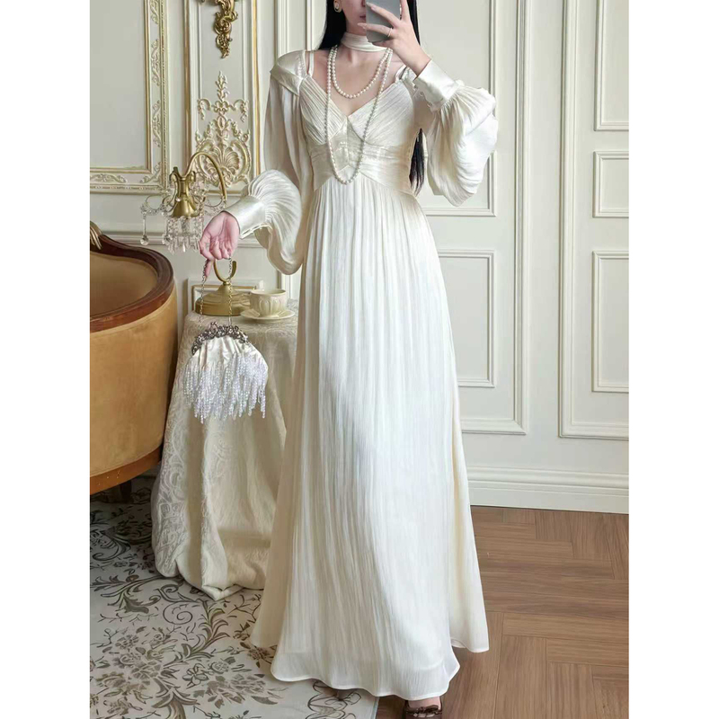 Plus-Size Fat Girl's "Muse" Heavy-Duty Greek Goddess-Style Oversized Lantern Sleeve Patchwork Dress for Women, Spring Long Dress
