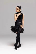 FZS DANCE Childrens Latin Dance Summer L247 Black High Collar Split Sleeveless Wave Dot Fishbone Practice Suit