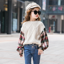 Girls sweater 2021 new autumn dress Korean version of foreign style fake two-piece coat big childrens autumn knitted base shirt