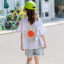 Girl T-shirt Child Short Sleeve Pure Cotton 2022 Summer Half Sleeve Small Daisy Child Clothing Blouses Big Boy Foreign Air Summer Clothing