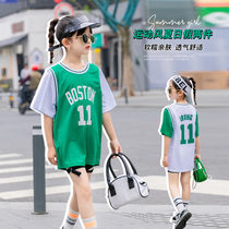 Girl Sports Short Sleeve T-shirt 2022 Summer Dress New Children Mid-Length Foreign Air Blouse Baby Fake two childrens clothes