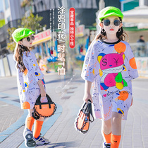 Girl foreign air t-shirt 2022 new Korean version loose short sleeve summer clothing children with long and pure cotton printed blouses