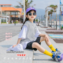 Girl Suit Summer Dress 2022 New Ocean Gas Net Red Child Clothing Little Girl College Wind Children Leisure Two Sets Eben