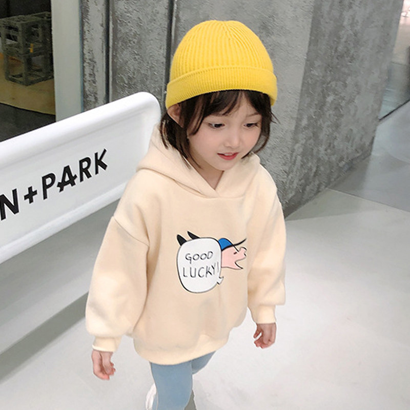 Girls' foreign hooded plus fleece sweatshirt children's warmth and thickness 2021 winter new baby Korean version fashion top