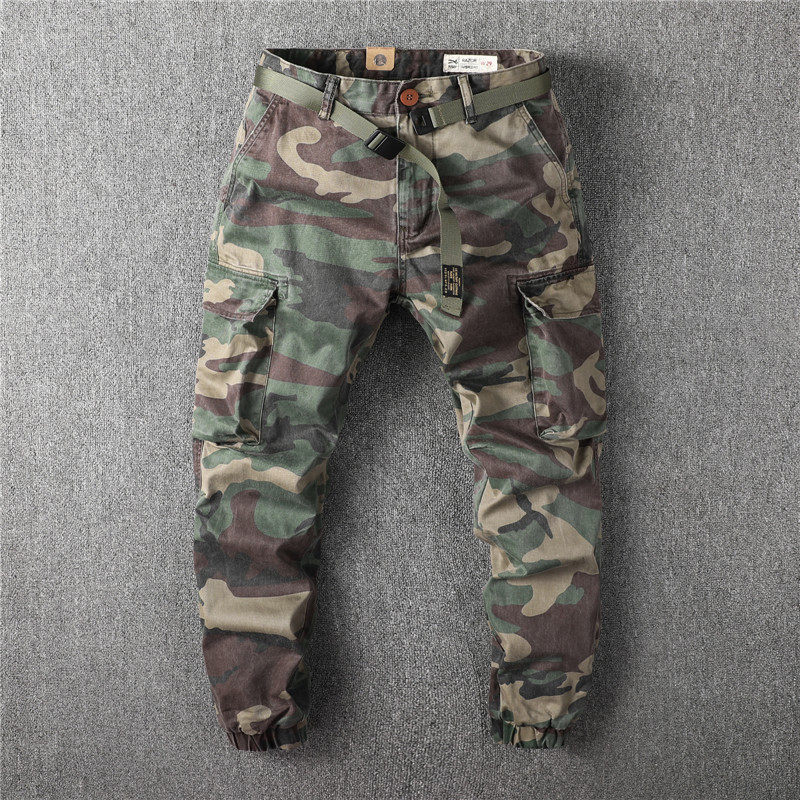 European and American tide camouflage cargo pants men's vintage kawi multi-pocket tide brand loose small straight-leg corset pants military pants long pants