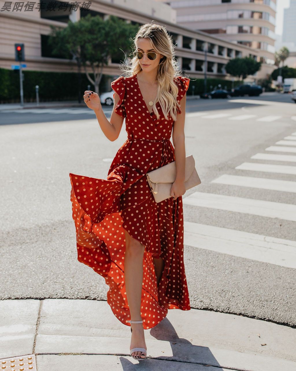 Womens summer casual beach V-neck falbala long dress skirt