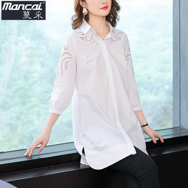 European station white long shirt women's summer pure cotton mid-length shirt 2022 new large size spring and autumn top European goods